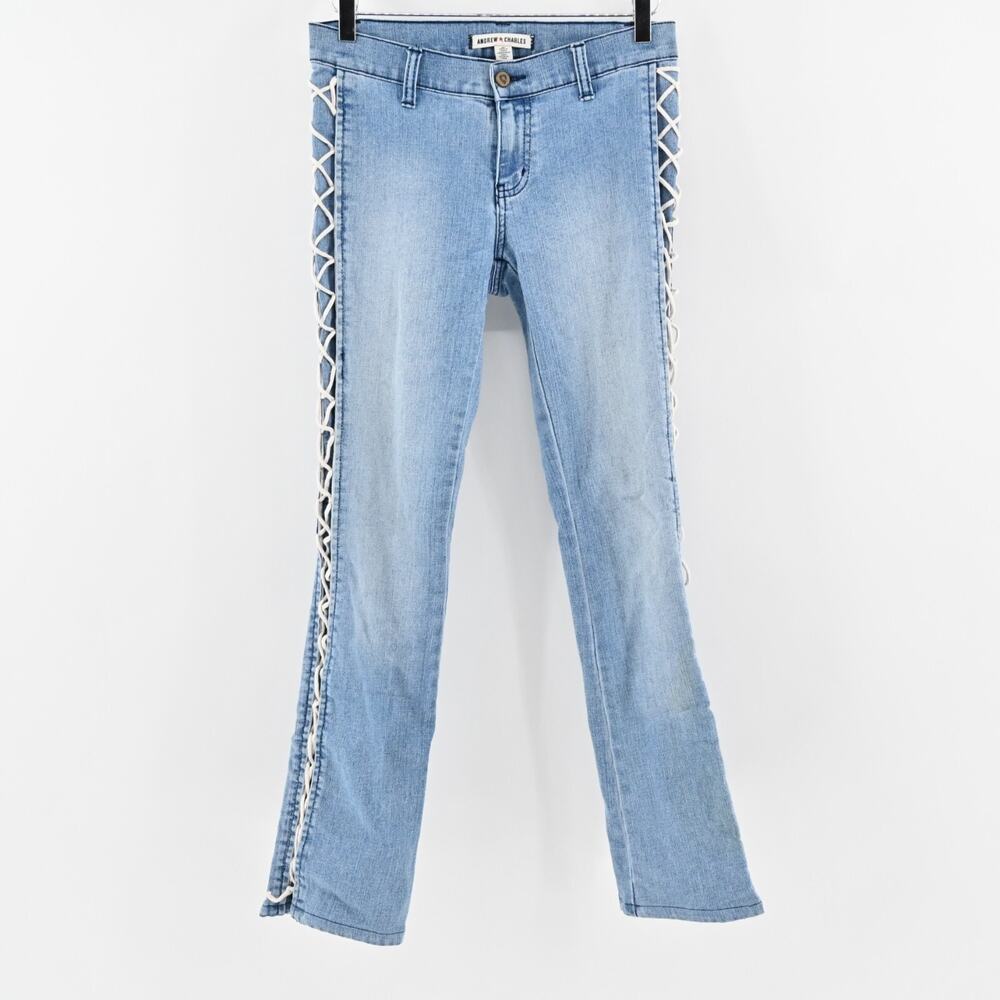 ANDREW CHARLES Jeans Sz 26 Corset Light Wash Lace Up Low Rise Flare Leg‎ Retro